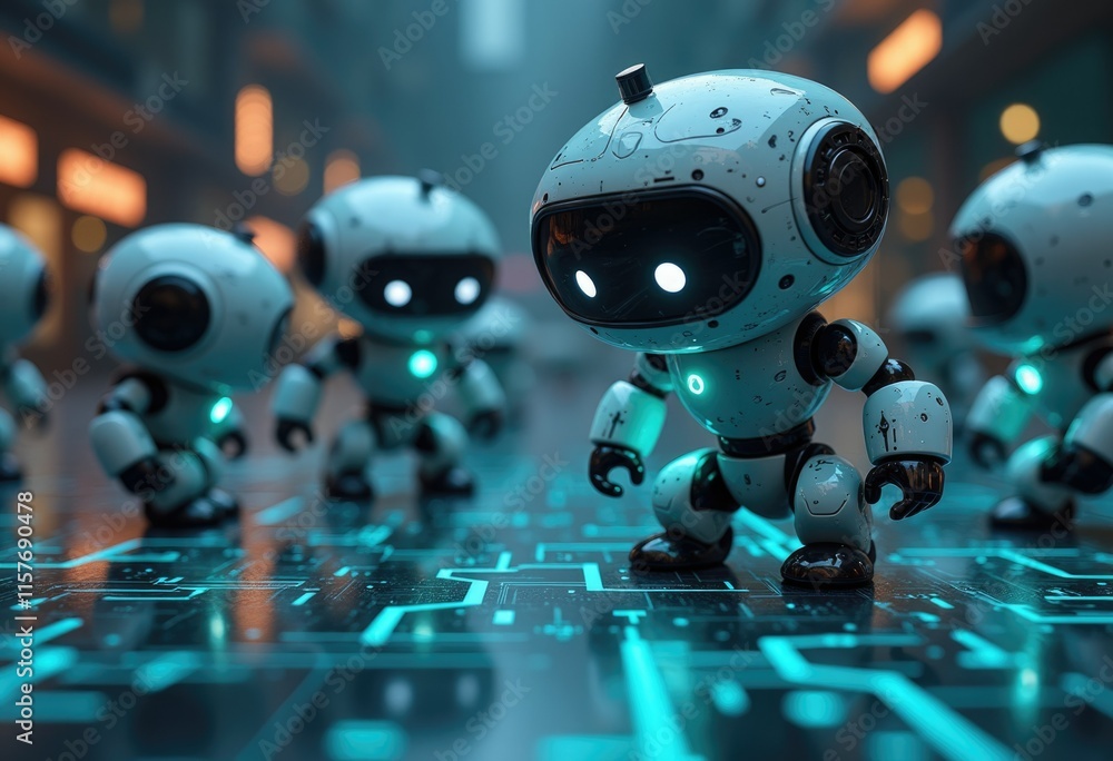 Poster a group of small white robots with glowing eyes standing on a futuristic blue and black surface.