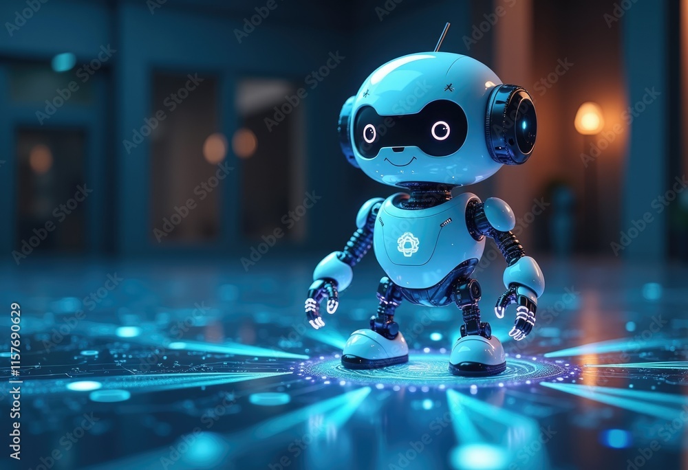 Poster a small friendly robot stands on a glowing blue platform representing technological advancement.