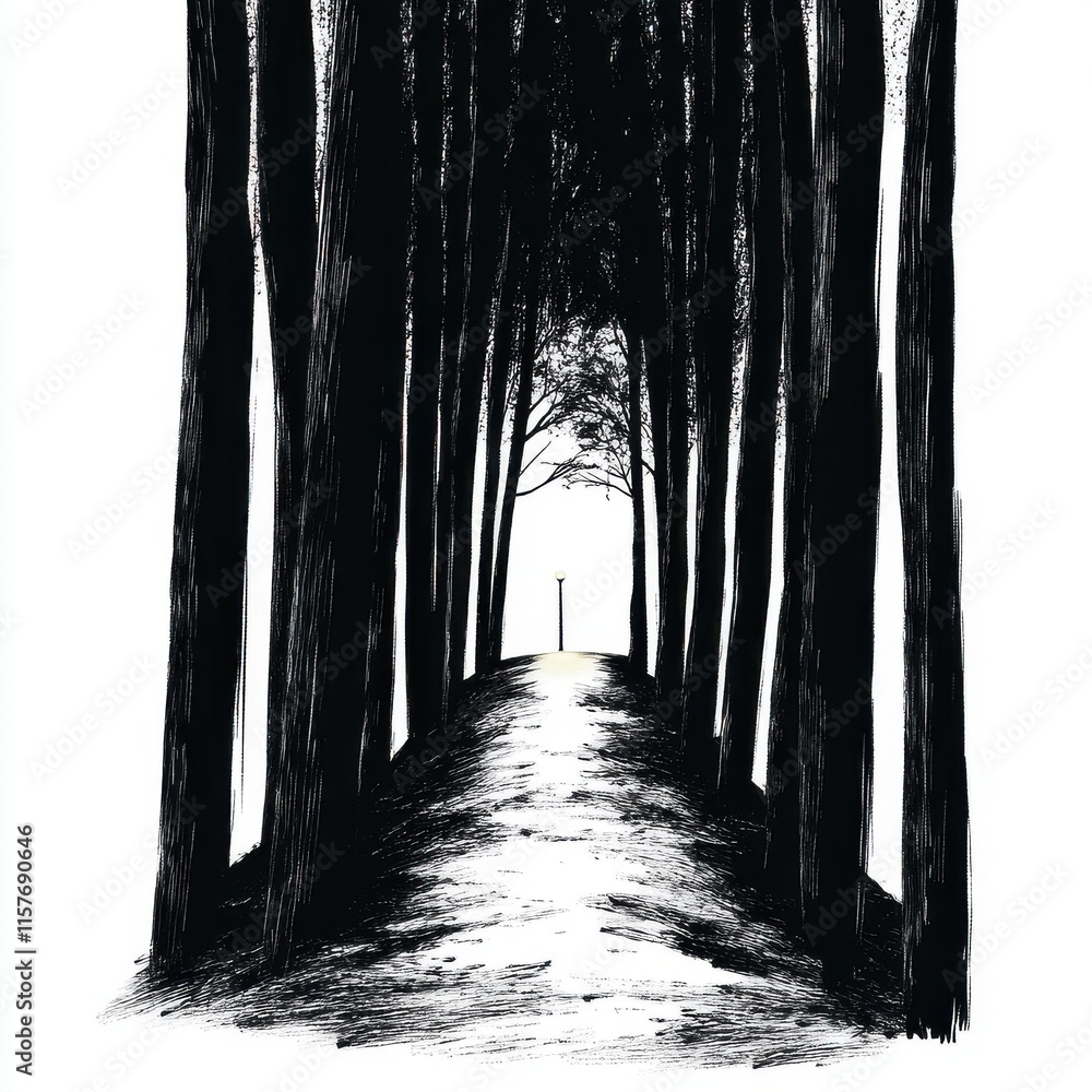 Poster a mysterious path through dark trees, leading to a distant light, creating an eerie yet enchanting a
