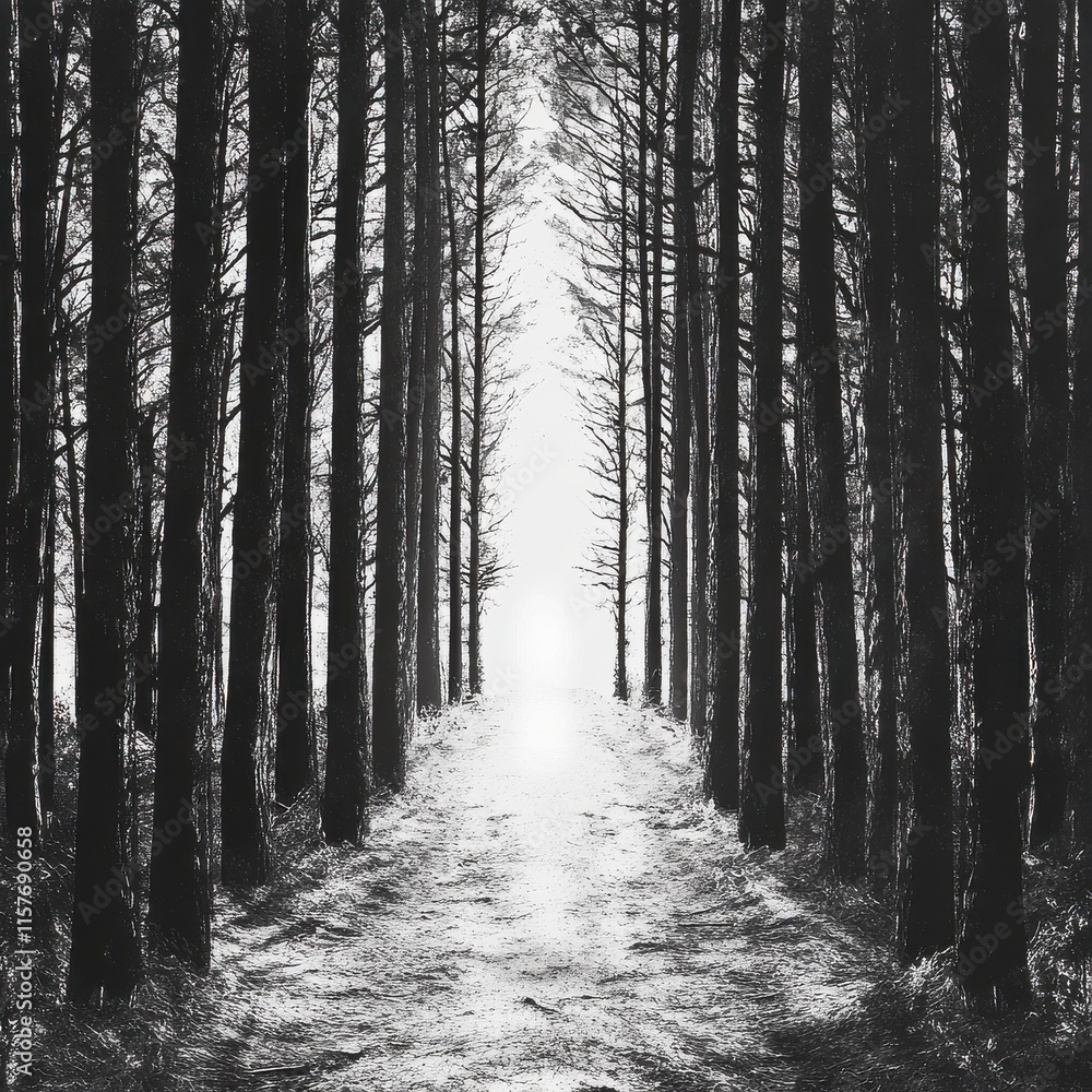 Poster a mysterious path through dark trees, creating an enchanting yet eerie atmosphere in black and white