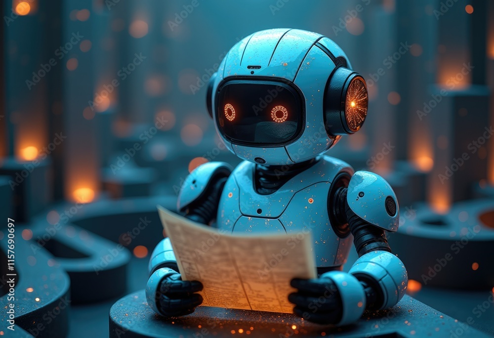 Poster a futuristic robot reads a document with glowing eyes in a dimly lit environment.
