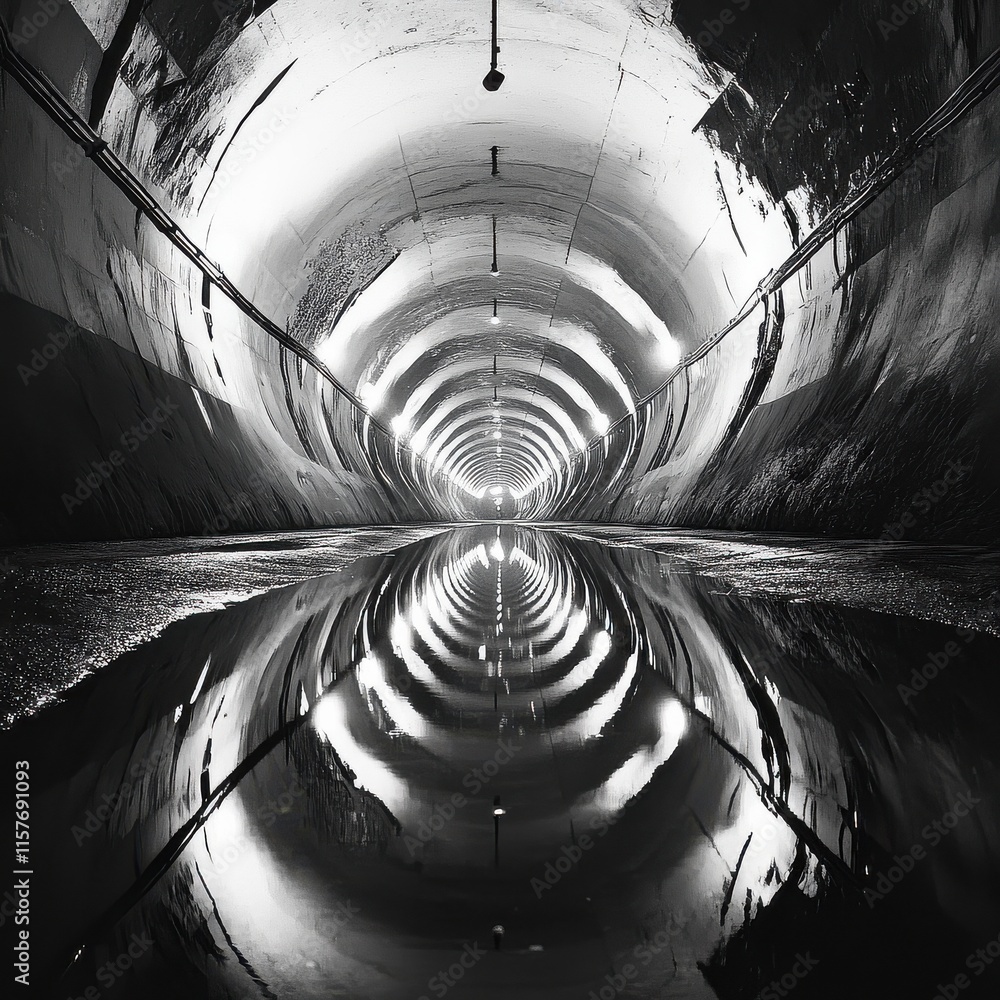 Poster a striking black and white image of a tunnel reflecting light in puddles, creating a surreal atmosph