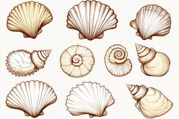 A collection of seashells arranged neatly on a white background, ideal for use in travel or beach-themed designs