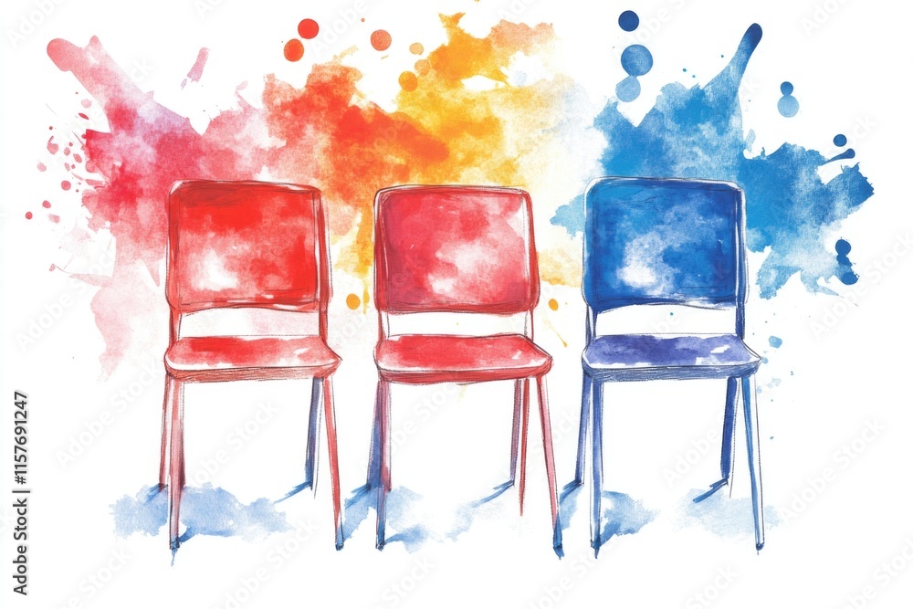 Poster simple arrangement of three chairs side by side, perhaps in a waiting room or a meeting space
