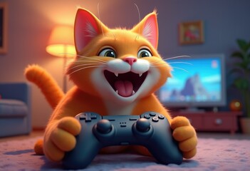 Fototapeta premium A happy orange cat playing video games with a big smile on its face