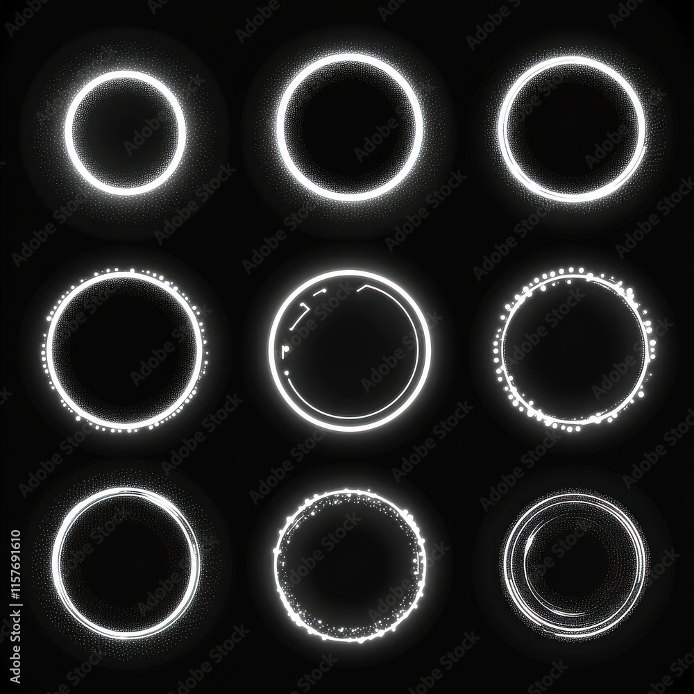 Poster abstract white circular light patterns on a black background, creating a modern artistic vibe.