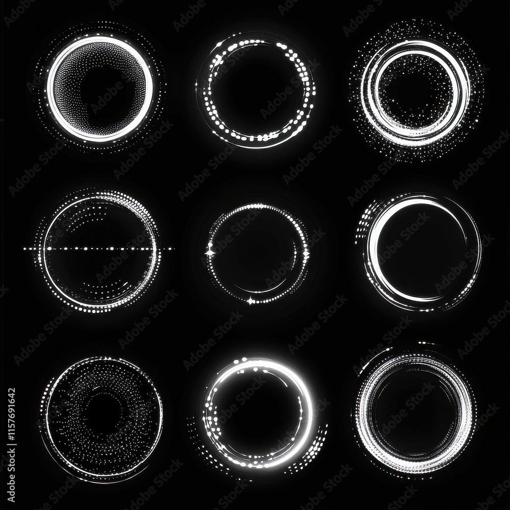Poster abstract black background featuring nine luminous circles in various designs, creating a captivating