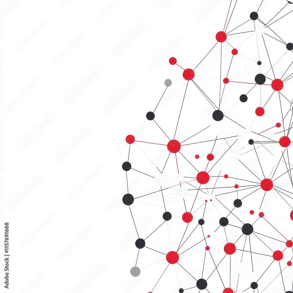 Poster abstract network graphic showcasing a dynamic web of interconnected nodes in black, red, and gray.