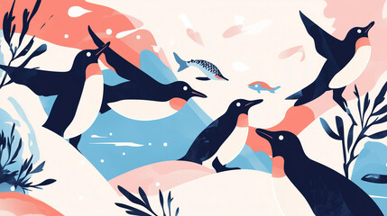Penguin Underwater Adventure: A vibrant underwater scene with penguins and fish in an abstract artistic style.  The playful, whimsical colors and designs create a sense of wonder and delight.
