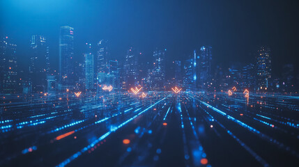 Fototapeta premium Smart digital Innovation city with connection network reciprocity over the cityscape. of future smart wireless digital city and social media networking systems that connects people with in city