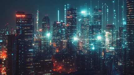Fototapeta premium Smart digital Innovation city with connection network reciprocity over the cityscape. of future smart wireless digital city and social media networking systems that connects people with in city