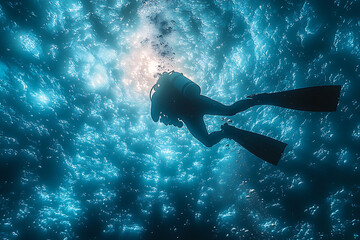 A scuba diver exploring the deep ocean surrounded by glowing bubbles, vibrant marine life, and ethereal blue light, capturing the thrill of underwater adventure.