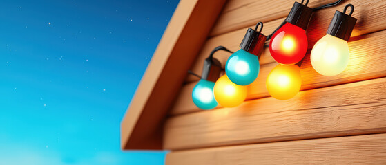 Obraz premium Colorful lights illuminate wooden house against clear blue sky, creating warm and inviting atmosphere