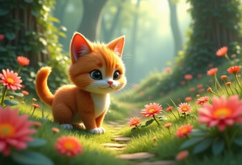 Fototapeta premium A cute orange kitten with green eyes sits in a field of pink flowers.