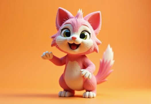 A cute cartoon pink cat with green eyes smiles and waves.