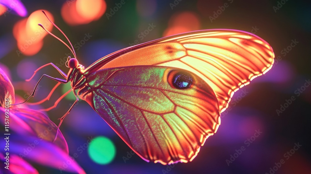 Poster a close-up shot of a butterfly perched on a leaf, showcasing its colorful wings and delicate feature