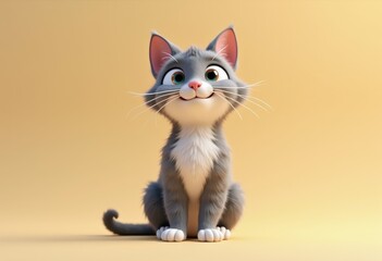 A cute cartoon cat with grey fur sits and looks up with a smile.
