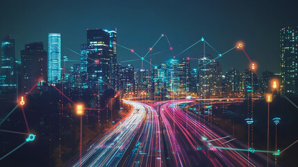 Fototapeta premium Smart digital Innovation city with connection network reciprocity over the cityscape. of future smart wireless digital city and social media networking systems that connects people with in city