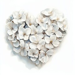Watercolor White Flowers in Shape of Heart Isolated on White Background 