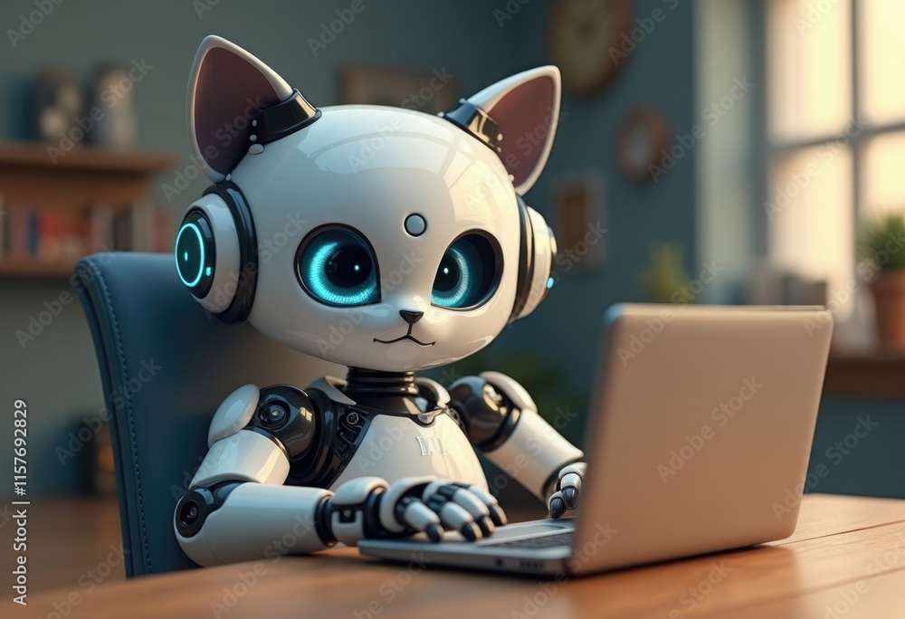 Poster a white robotic cat with blue eyes sits on a chair using a laptop computer.