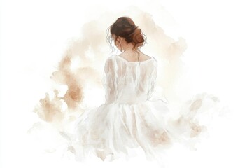 A portrait of a woman wearing a white dress, possibly a wedding dress or formal attire