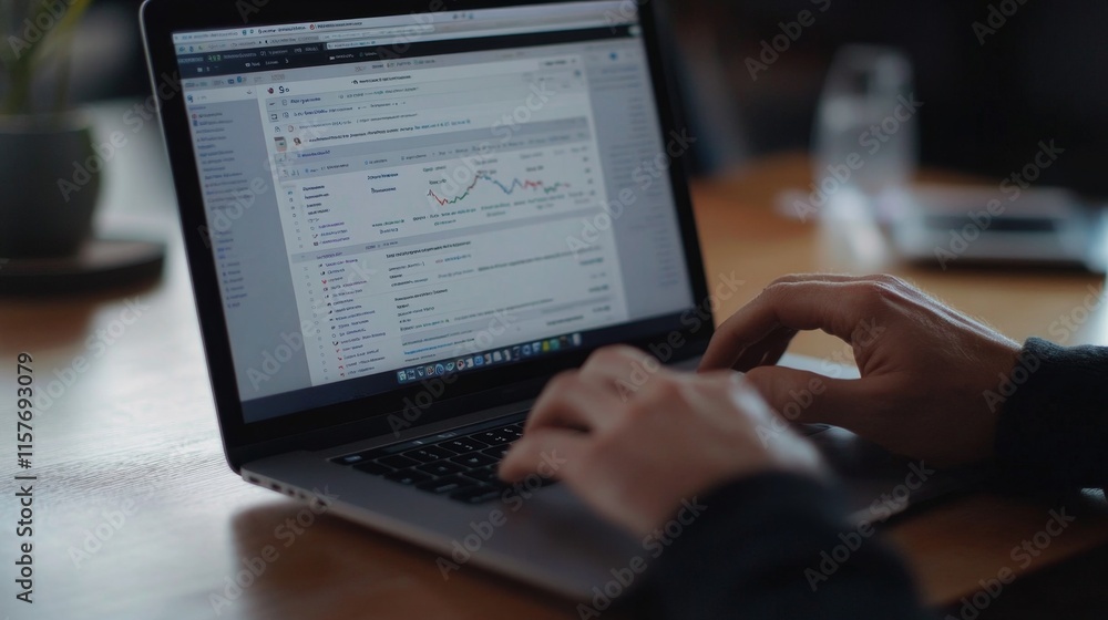 Poster analyzing website metrics office workspace digital content professional environment close-up view bu