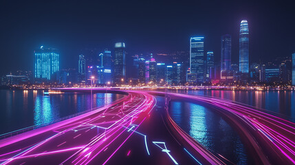 Fototapeta premium Smart digital Innovation city with connection network reciprocity over the cityscape. of future smart wireless digital city and social media networking systems that connects people with in city