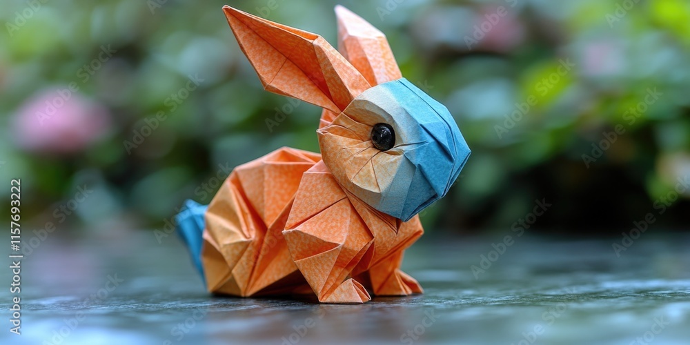 Poster a colorful paper origami rabbit sits on a table, ready for display or gift giving