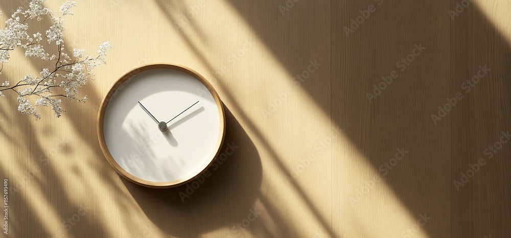 Poster a minimalist clock on a wooden surface with soft shadows and a branch.