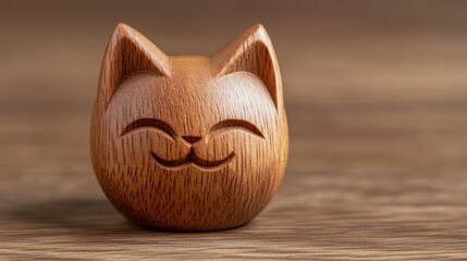 Small, wooden cat figurine with a smiling face, standing on a wooden surface