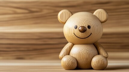 Small, wooden teddy bear with a smiling face sitting on a wooden surface