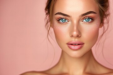 Naklejka premium A young woman's close-up portrait with radiant skin against a soft pink backdrop