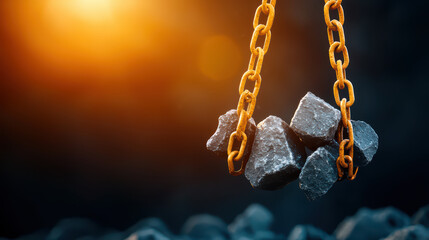 Heavy rocks suspended by chain in mining operation, showcasing industrial strength and focus on resource extraction
