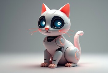 A white robotic cat with blue eyes and pink ears sits on a gray background.