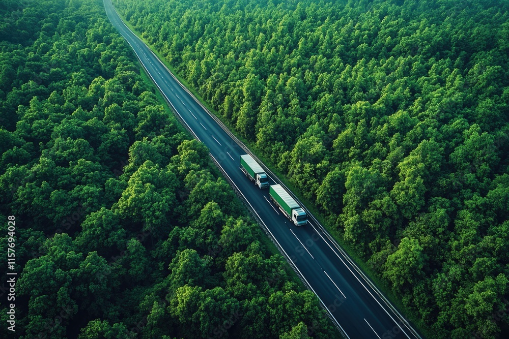Poster a truck navigating through dense forest terrain, with trees and foliage surrounding it