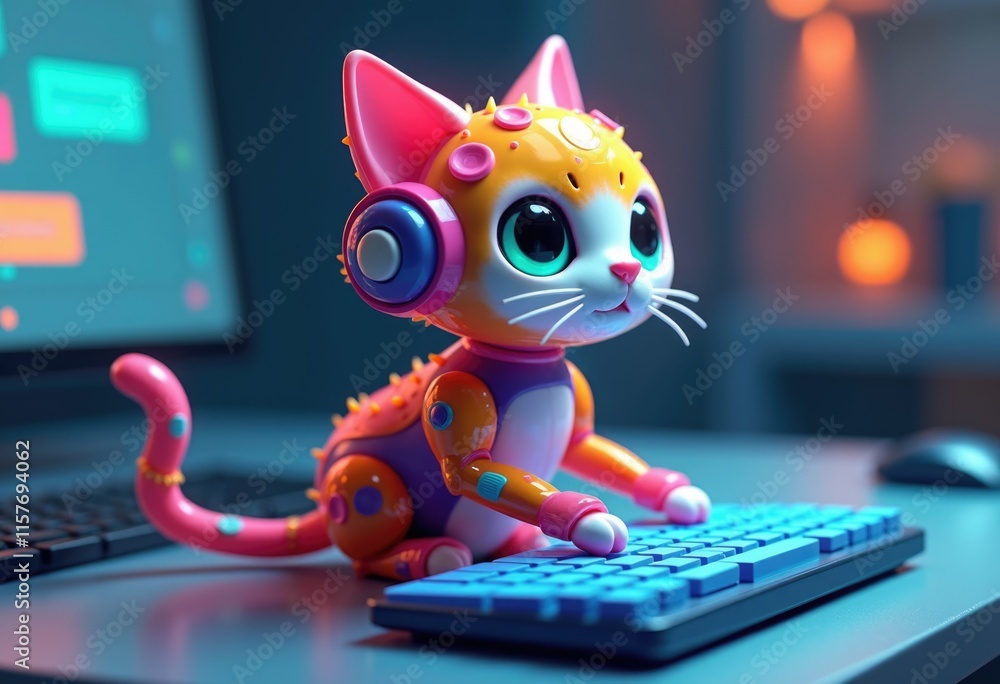Poster a cute robotic cat with headphones types on a keyboard.