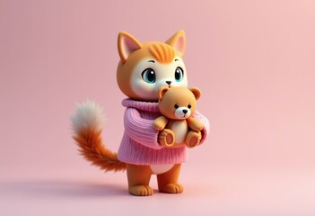 Fototapeta premium A cute cartoon cat wearing a pink sweater is holding a teddy bear.