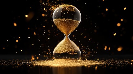Golden hourglass with sand trickling down against a dark background, symbolizing the passage of time and the fleeting nature of moments