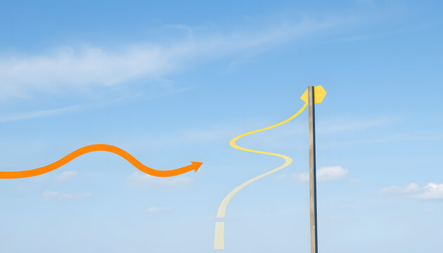 The path of the arrows deviates from the main path. Go off the road, deviate from the course. Take the risk of changing the movement and course of events. isolated with white highlights