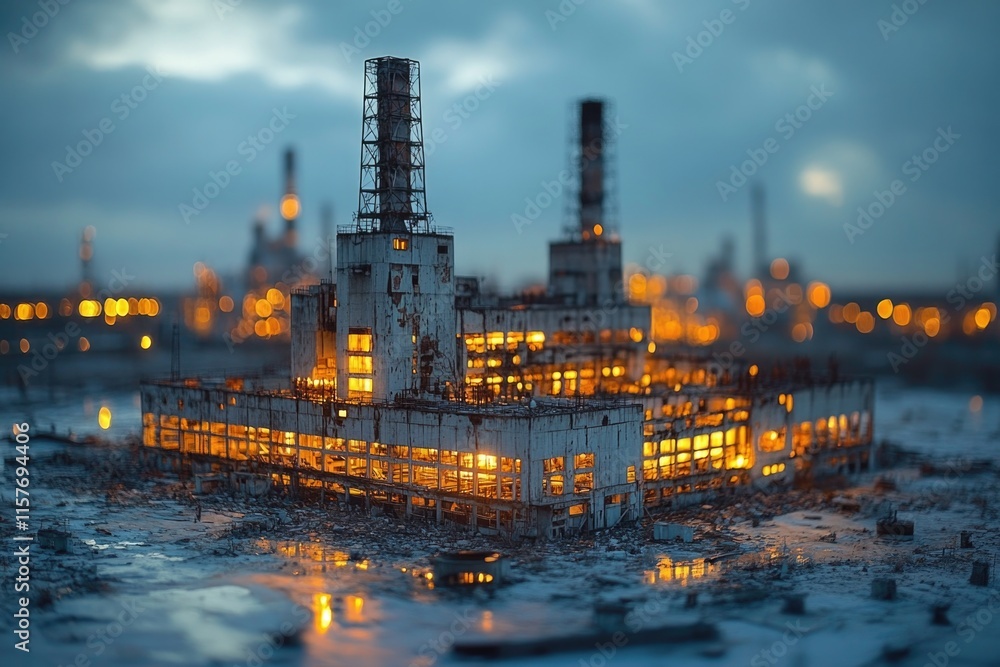 Poster industrial complex abandoned and dark during nighttime hours, suitable for use in scenes depicting i