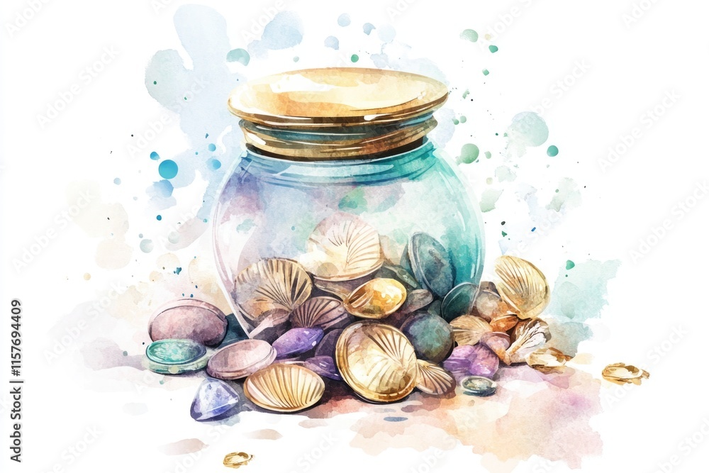 Poster A decorative jar filled with various types of shells