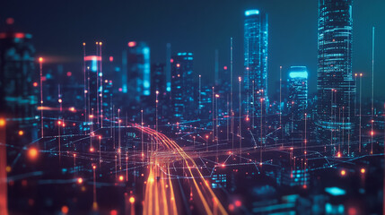 Fototapeta premium Smart digital Innovation city with connection network reciprocity over the cityscape. of future smart wireless digital city and social media networking systems that connects people with in city