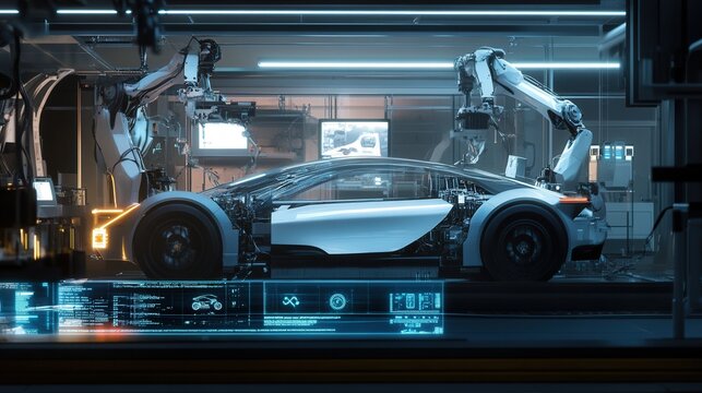 side view of a car being built, with multiple robotic arms working on different sections. A holographic interface in the foreground shows real-time data and diagnostics