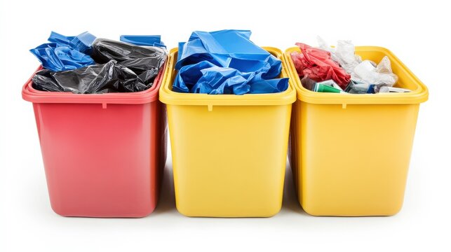 Colorful Recycling Bins Filled with Various Plastic Waste Including Blue, Red, and Black Bags for Environmental Sustainability and Proper Waste Management Practices