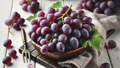 Bowl of Fresh Purple Grapes with Water Droplets and Green Leaves on a Rustic Table