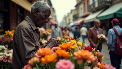 An elderly African man chooses a bouquet at a flower fair on a city street