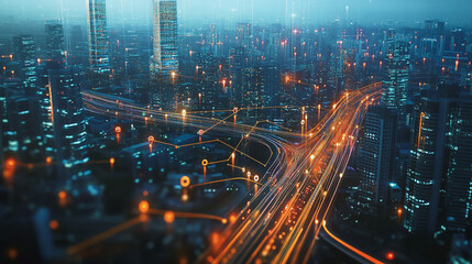Fototapeta premium Smart digital Innovation city with connection network reciprocity over the cityscape. of future smart wireless digital city and social media networking systems that connects people with in city
