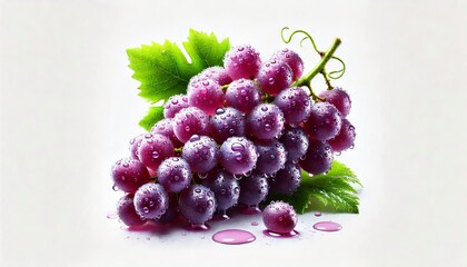 Fresh Purple Grapes with Water Droplets and Green Leaves on Light Background