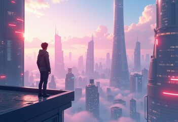 Fototapeta premium A solitary figure gazes out at a futuristic cityscape shrouded in clouds.