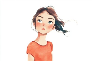 A girl wearing a red shirt stares intently at something, possibly an object or person